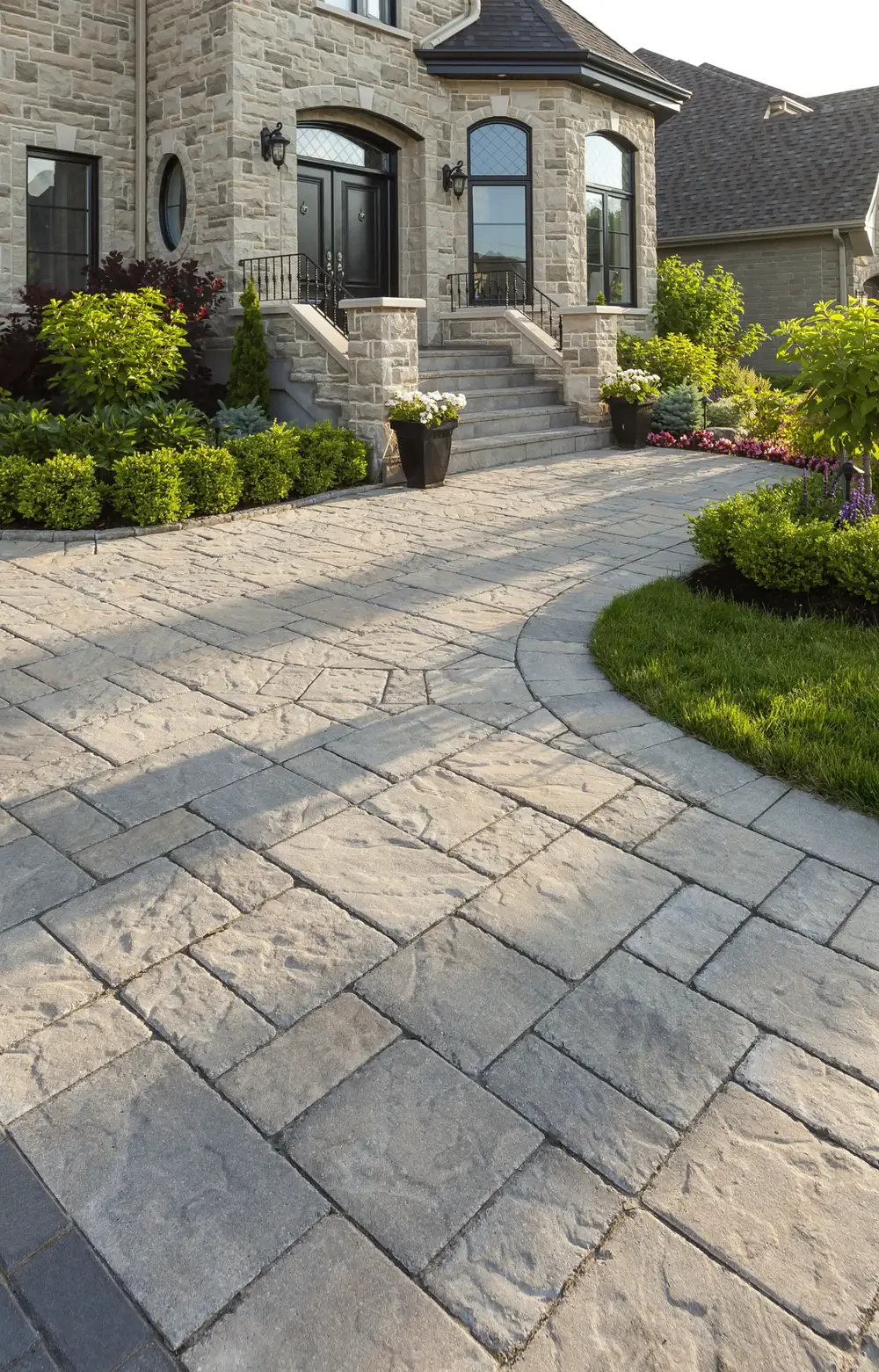 Curved paver driveway and walkway leading to a stone-front home