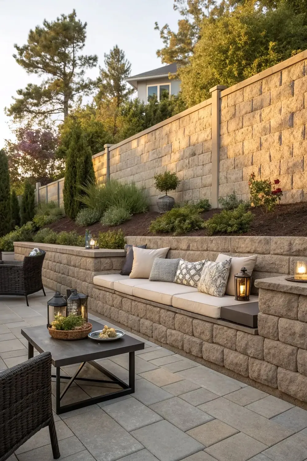 Terraced stone retaining wall with an integrated stone bench and built-in lighting