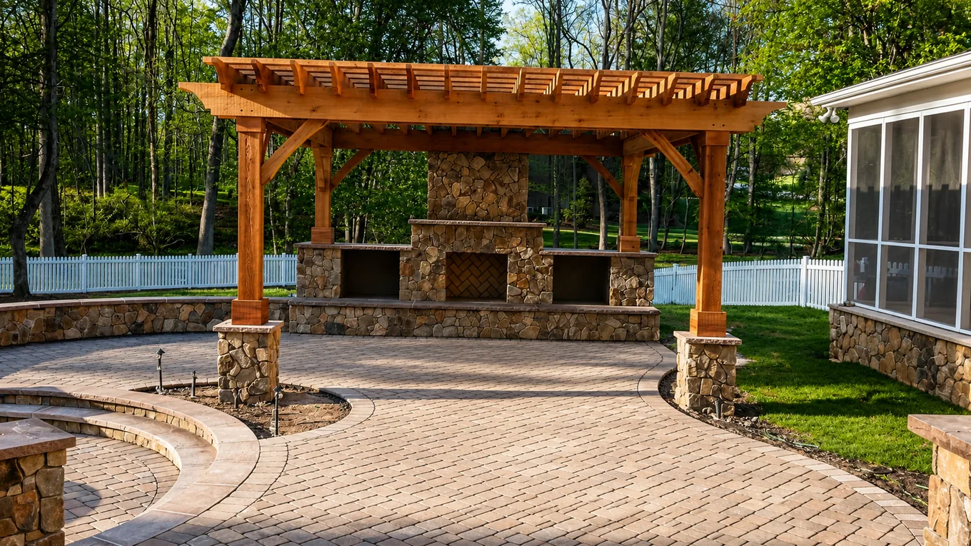 Outdoor stone fireplace with paver patio and outdoor living space